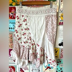 VINTAGE 100% Cotton Pink Floral Beaded Tired Skirt